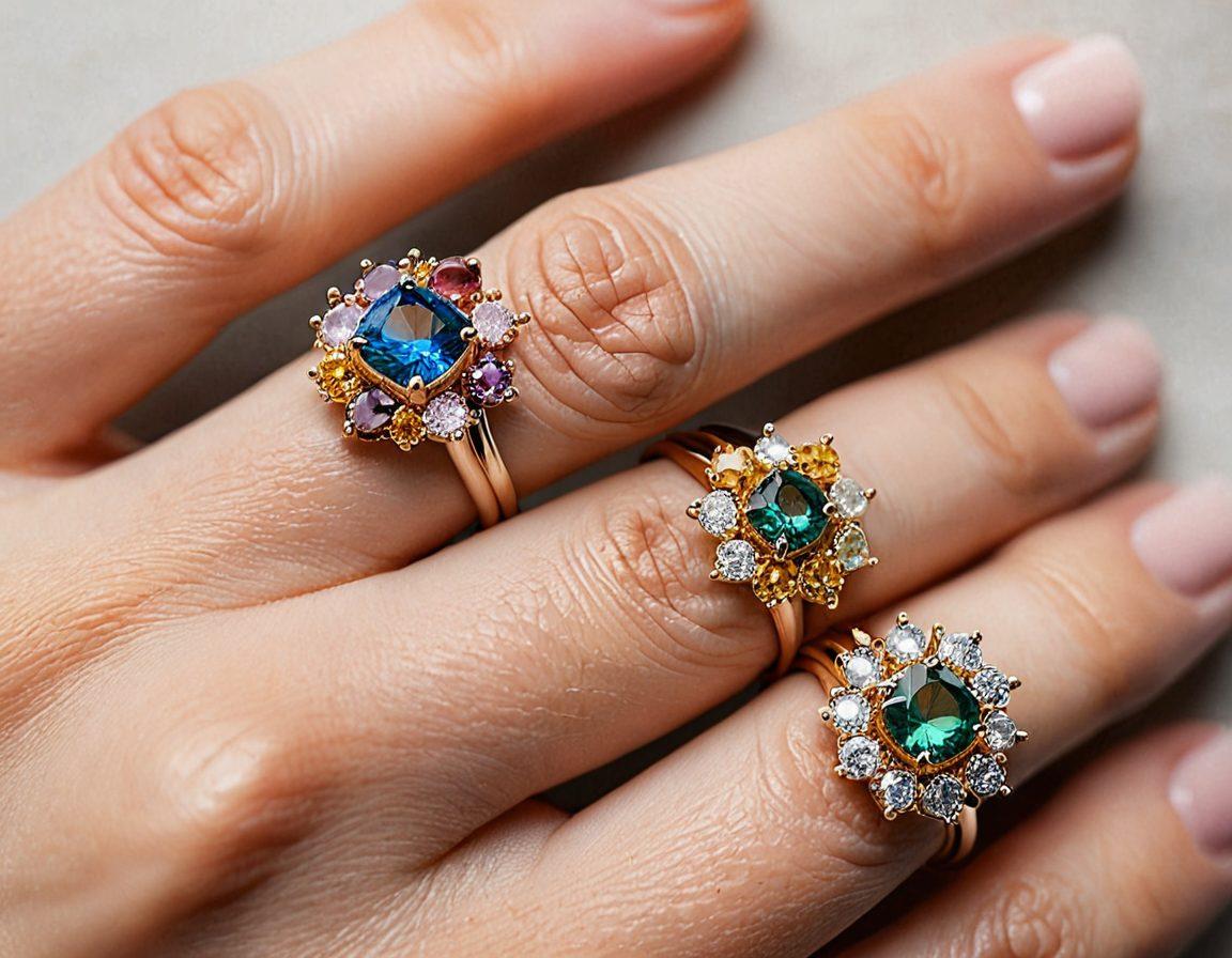 An elegant display of stackable rings adorned with colorful gemstones, arranged artfully on a soft velvet surface. The light reflects off the gems, showcasing their vibrant hues while the stackable nature of the rings adds depth and style to the composition. Surround the rings with delicate floral accents and soft, subtle shadows to enhance their allure. emphasize modern design with a touch of sophistication. elegant photography. vibrant colors. soft focus.