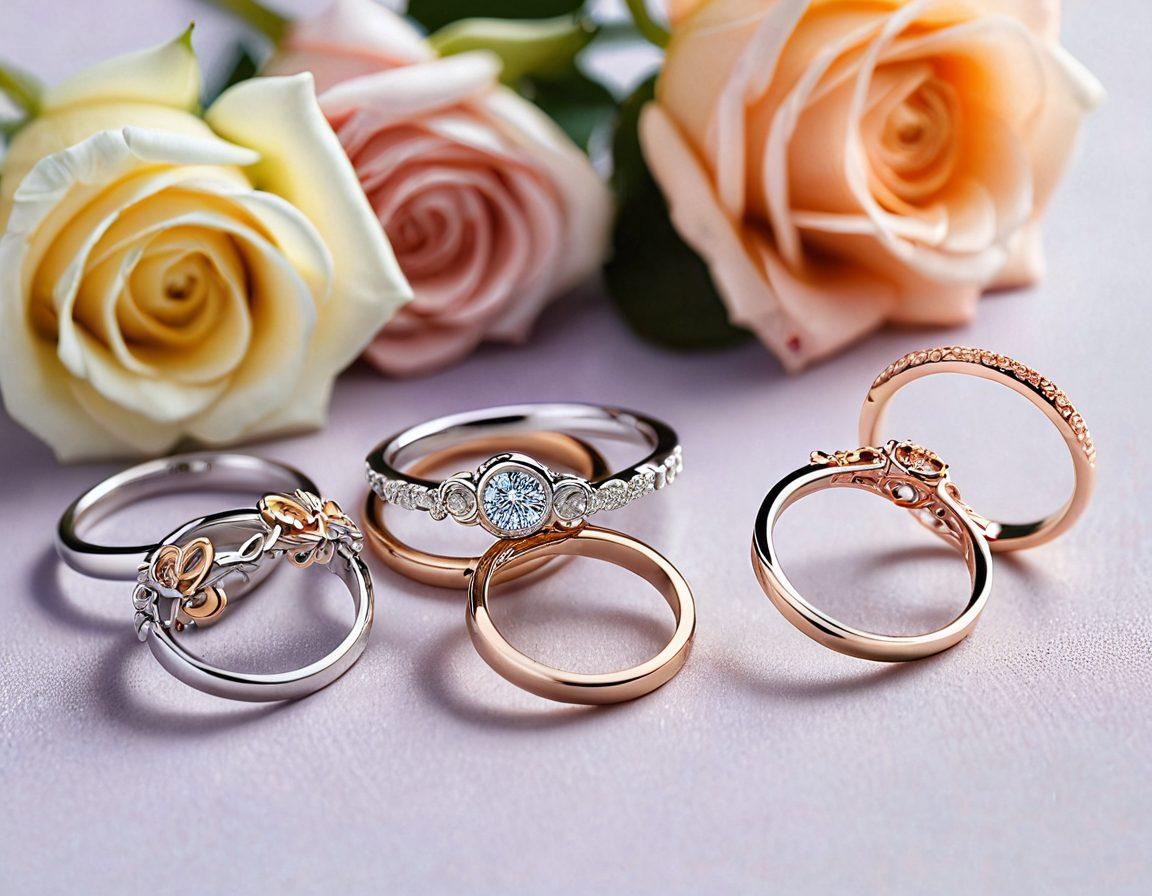 A beautifully styled display of minimalistic rings, focusing on their elegant designs and intricate details, set against a soft gradient background that evokes luxury. Include natural elements like delicate flowers to enhance the theme of simplicity and sophistication. The rings should vary in materials like gold, silver, and rose gold, reflecting a modern fashion aesthetic. super-realistic. pastel colors. soft background.