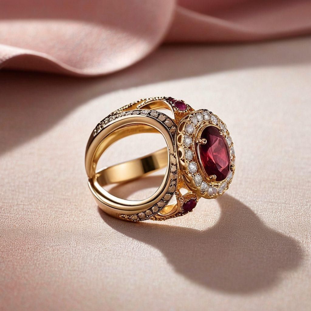 A captivating display of stylish rings on a textured velvet surface, showcasing a transition from delicate dainty designs to striking bold pieces. Include a mix of precious metals, gemstones, and intricate detailing to highlight the trends. Soft, diffused lighting enhances the luxurious feel, creating shadows that add depth. The background should be a subtle gradient that allows the rings to stand out. elegant photography. soft focus.